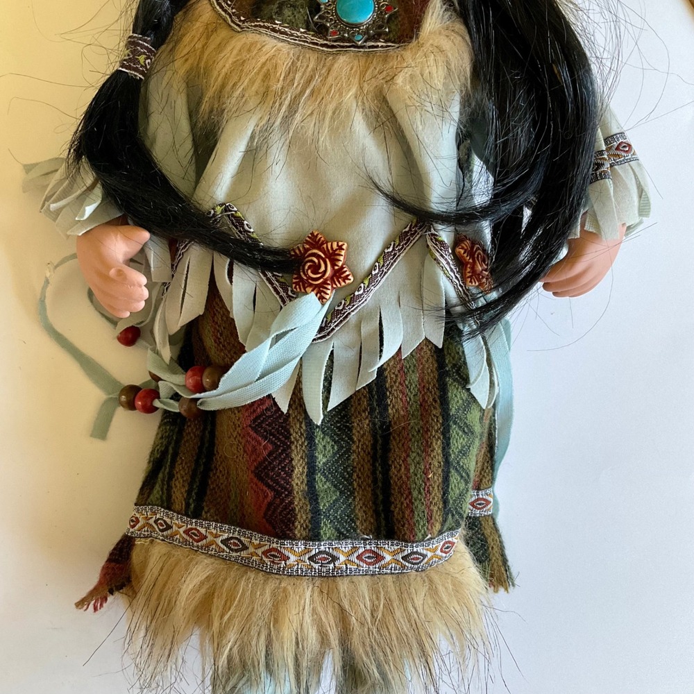 VTG Native American Porcelain Doll 16" Faux Fur Turquoise Pendant Southwest Deco - Picture 5 of 12